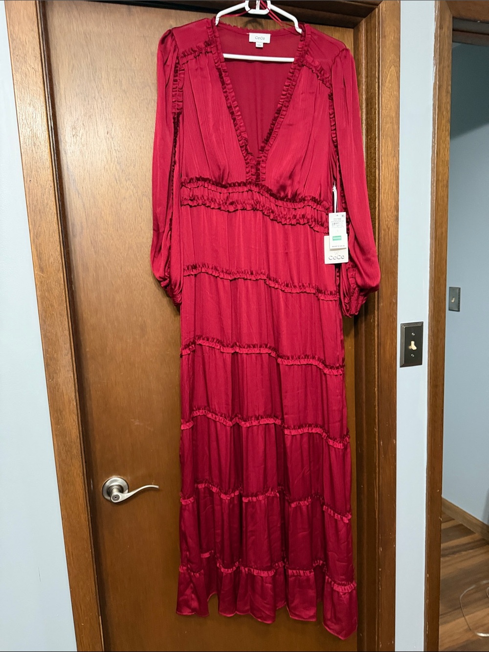 CeCe Burgundy Ruffle-Tier V-Neck Maxi Dress